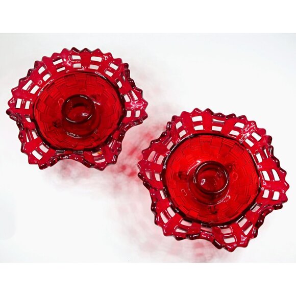 Fenton Red Amberina Basketweave Open Edge Candlestick (Set of 2) 1930s Glass - Picture 4 of 6